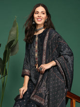 Women Graphic Charcoal Straight Kurta Set with Dupatta-BCK-1991-Charcoal